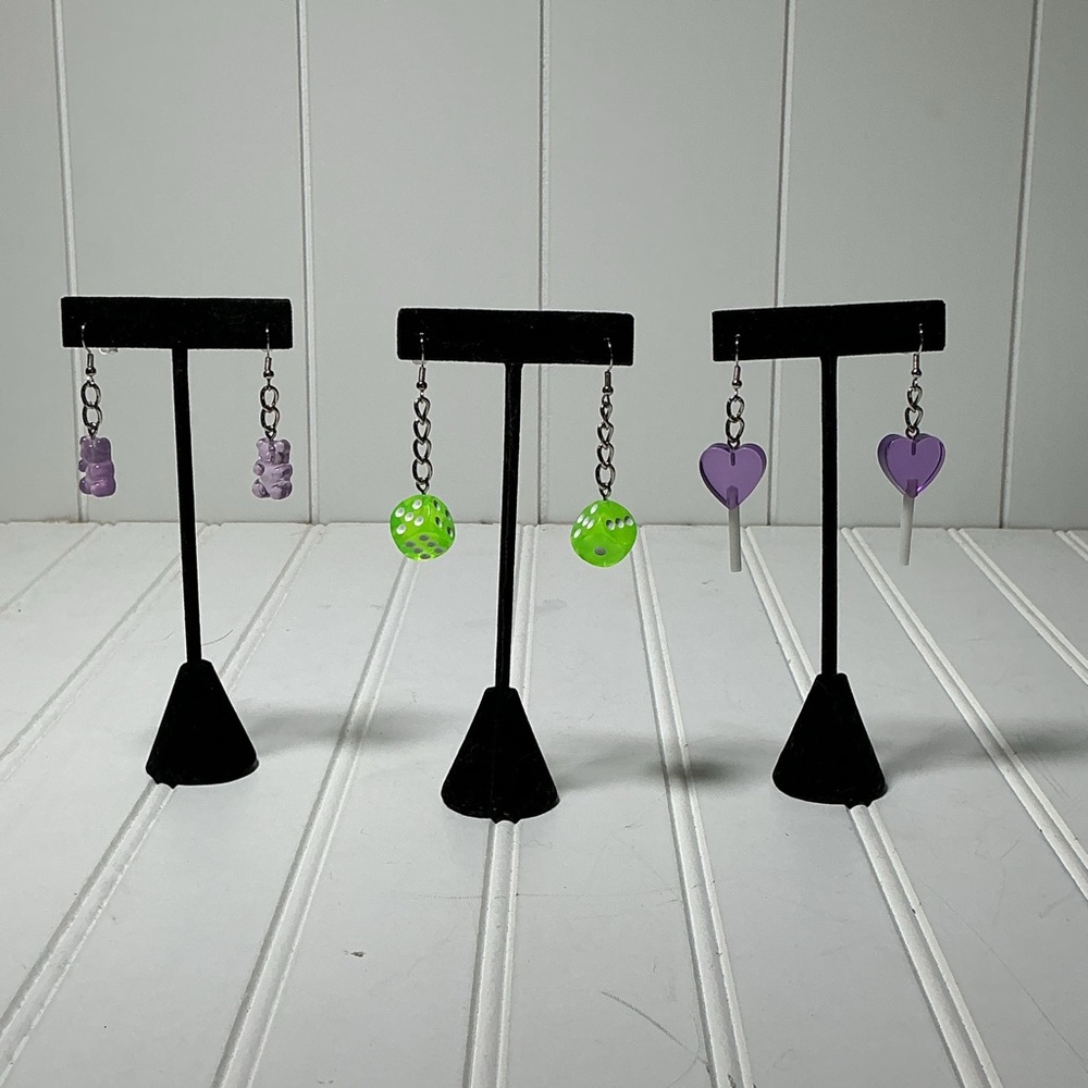 Costume Earrings Dangling Lot of 3- Nickel Free Gummy Bears, Dice, Lollipop Rave